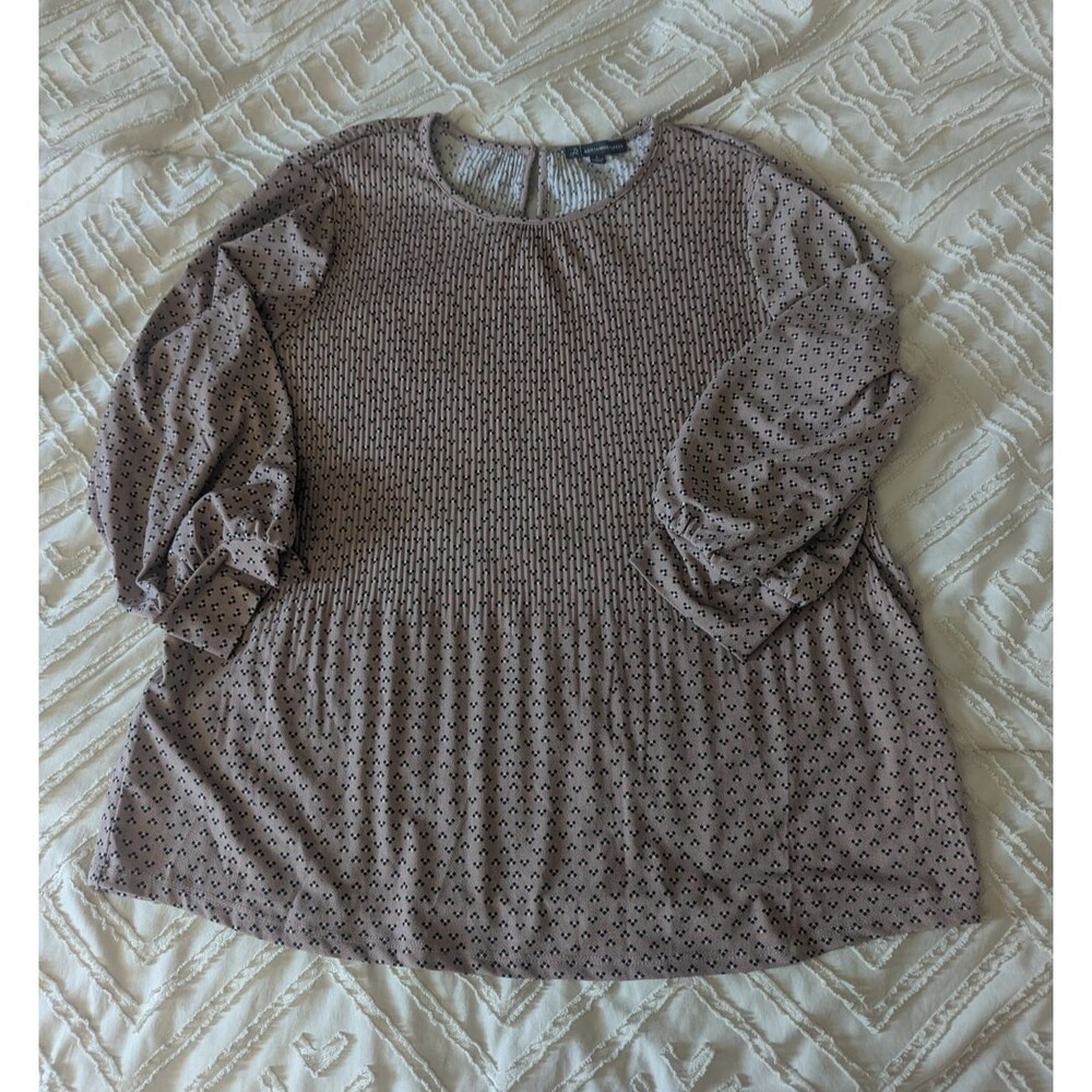 Adrianna Papell L Blouse Pleated Plisse Puff Sleeve Geometric Mauve Pink Top